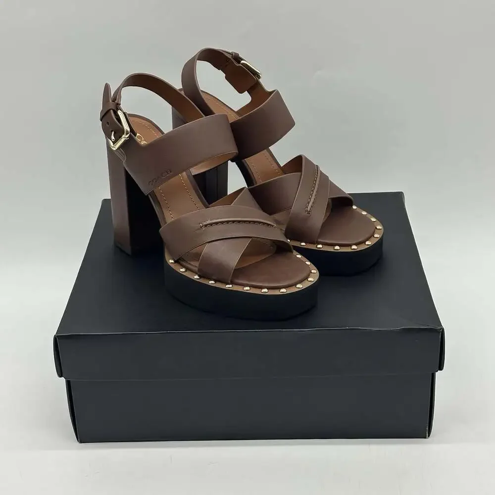 COACH Callie Platform Saddle Brown Leather Strappy Heels Sandals Women's Size 8B